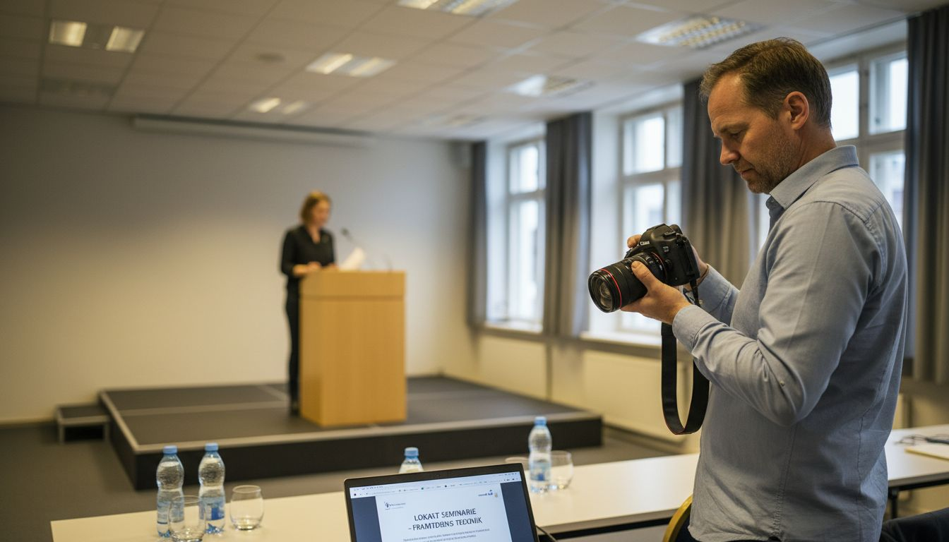 En fotograf är på plats och dokumenterar ett seminarium som hålls inomhus.