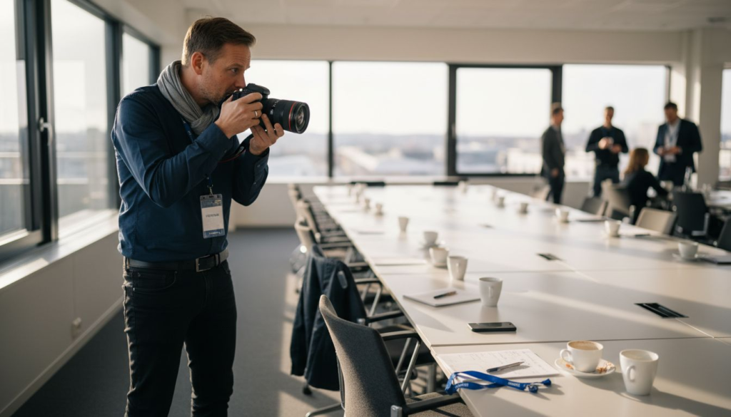En fotograf är på plats och fångar ögonblicken under företagets mingel.