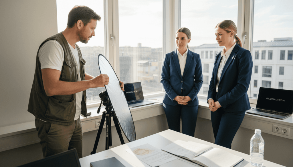 En företagsfotograf hjälper medarbetarna att känna sig bekväma framför kameran vid fönstret på kontoret.