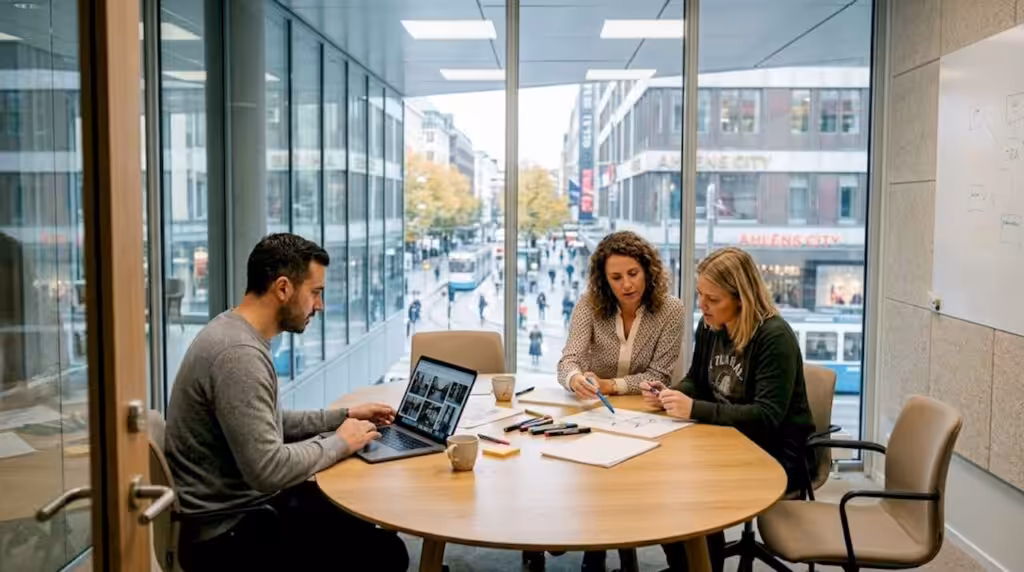 Det kreativa teamet samlas runt konferensbordet för att spåna idéer och planera nästa kampanj.