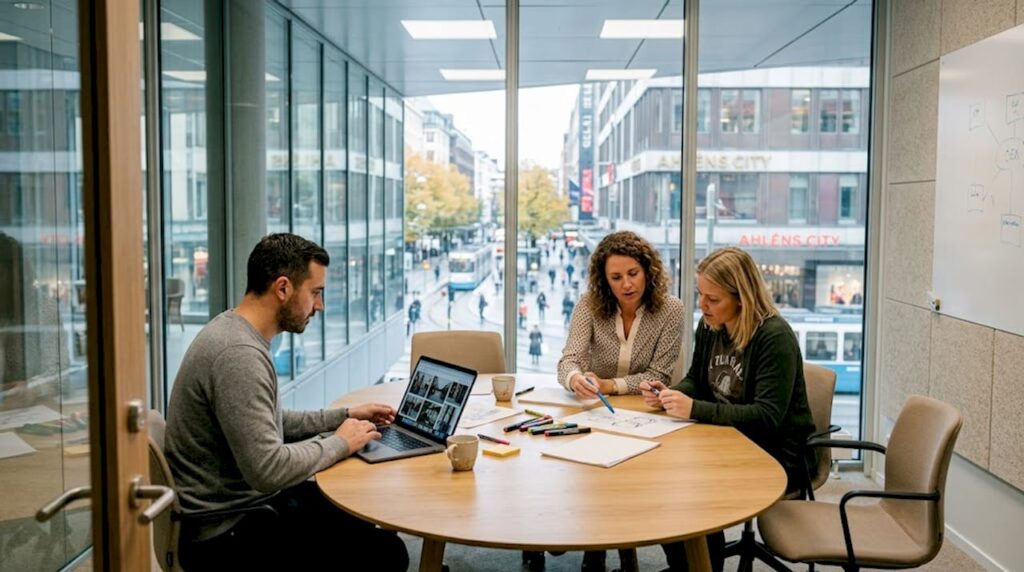 Det kreativa teamet samlas runt konferensbordet för att spåna idéer och planera nästa kampanj.