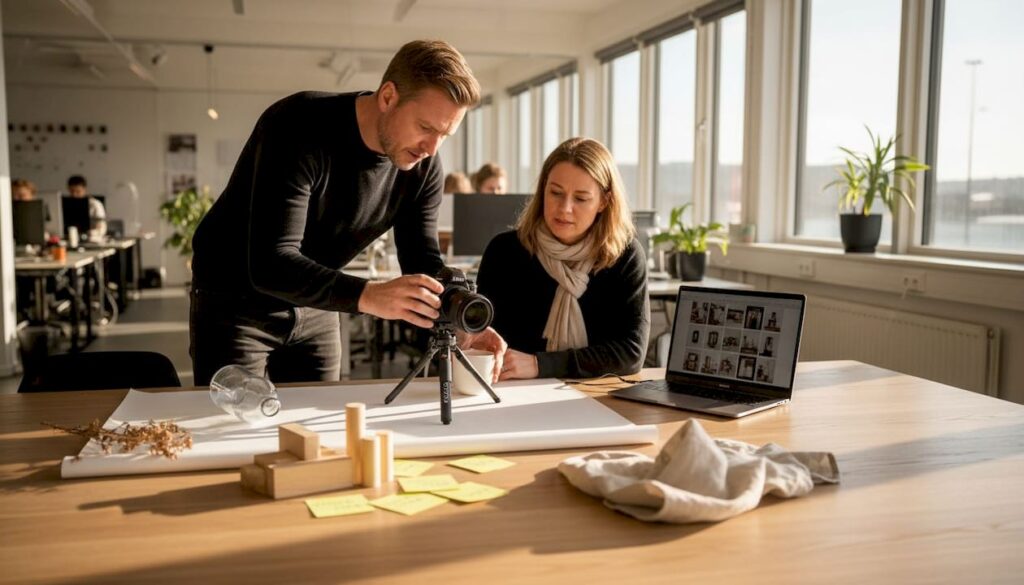 Teamet gör sig redo för fotografering på kontoret