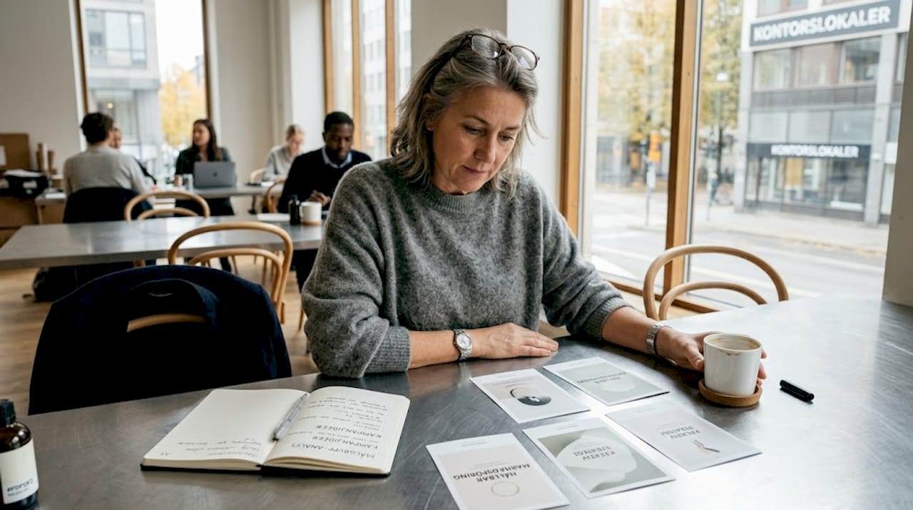 En konsult sitter på kontoret och granskar stilrena annonsutkast med fokus på enkelhet och tydlighet.