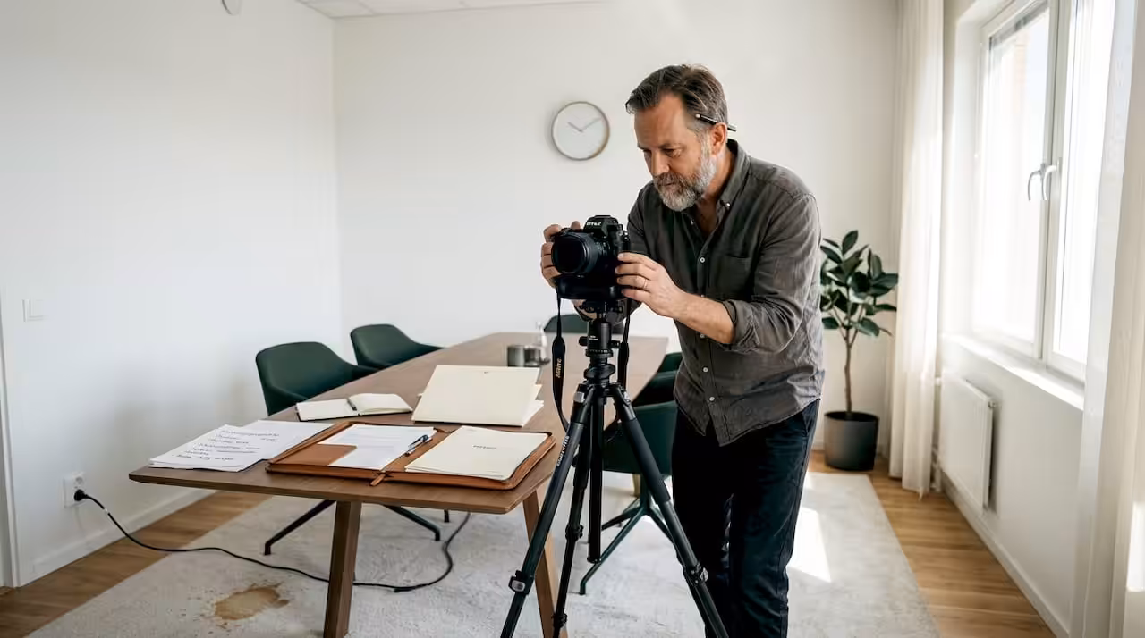 En fotograf gör i ordning inför porträttfotografering i ett av konferensrummen.