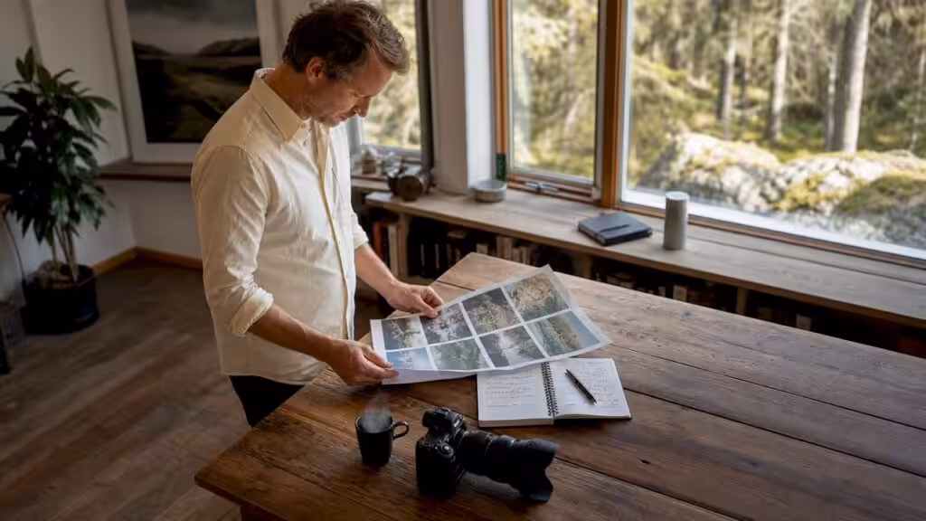 En frilansfotograf gör sig redo inför ett uppdrag vid skrivbordet på kontoret.