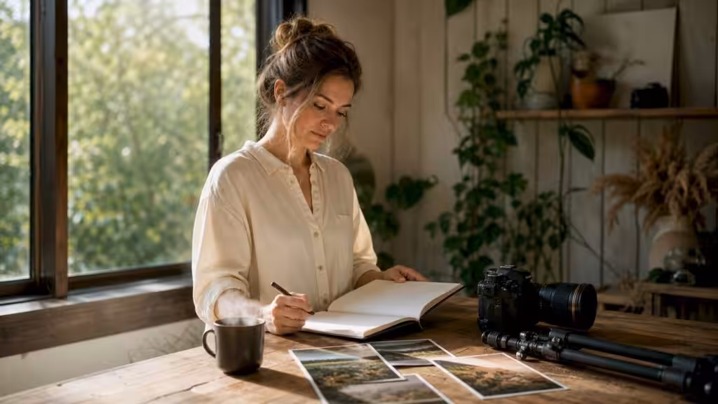 En fotograf förbereder en plåtning vid sitt skrivbord och går igenom planeringen inför fotograferingen.