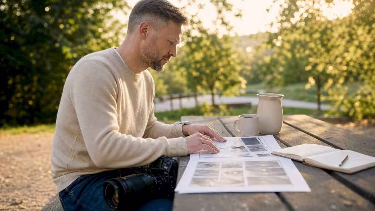 Nordisk man går igenom planeringen inför porträttfotograferingen