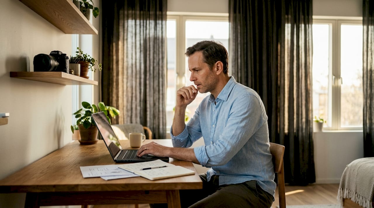 En nordisk man sitter och redigerar bilder på sitt moderna kontor.