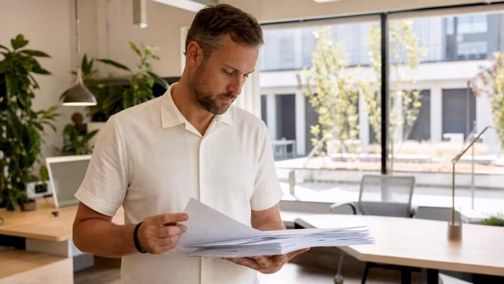 En man med nordiskt utseende sitter i ett kontorslandskap och går noggrant igenom företagets employer branding-material.