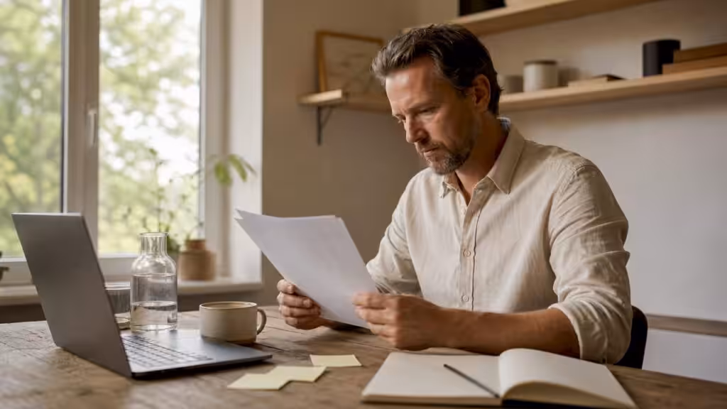 En nordisk man sitter på sitt kontor och går igenom kreativa arbetsmaterial.