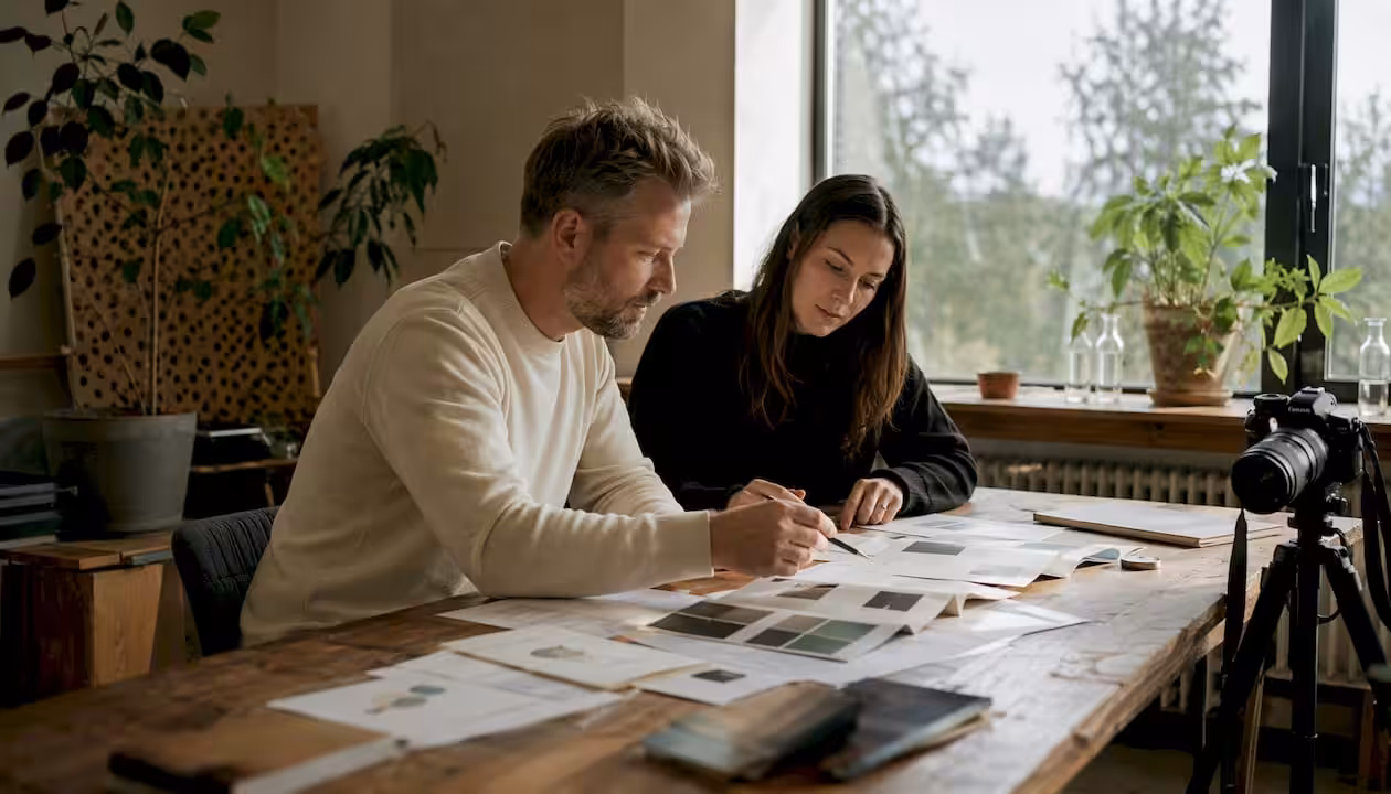 Detaljerad vy av olika logotypversioner och kreativa händer i arbete