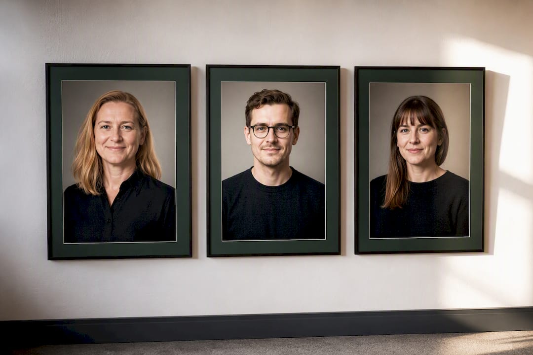 Enhetlig serie med inramade personalporträtt